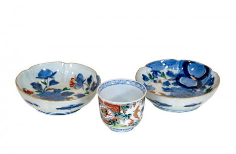 Oriental Bowls and Cup: Three (3) pieces. 1 3/4 x 5 3/4 inches (bowls); 2 3/4 x 3 1/2 inches (cup).