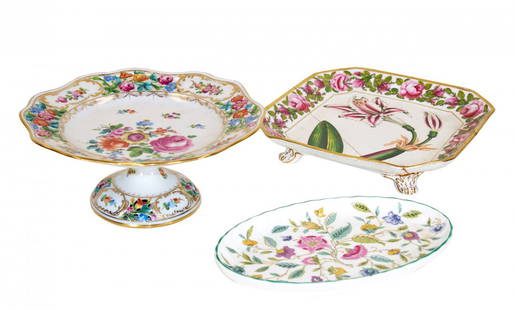 Fine Porcelain (19th - 20th Century): Three (3) pieces. 3 1/2 x 8 3/4 x 4 inches (Dresden); 8 1/2 x 5 1/2 inches (Minton); 8 1/4 x 1 3/4 inches (square footed dish).