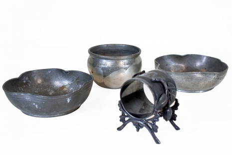 Pewter (20th Century): Four (4) pieces total. Two matching bowls and two other pieces. 4 3/4 x 1 1/2 inches (largest).