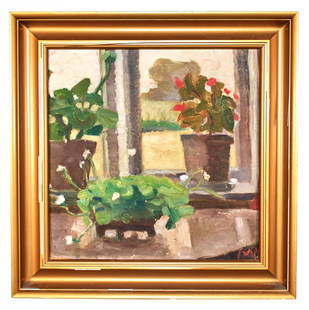 Majsa Bredsdorff (Danish, 1887 – 1964): Window view. 1911. Oil on canvas. 12 1/2 x 12 1/8 inches. Framed. Initialed. Signed and dated on the verso.