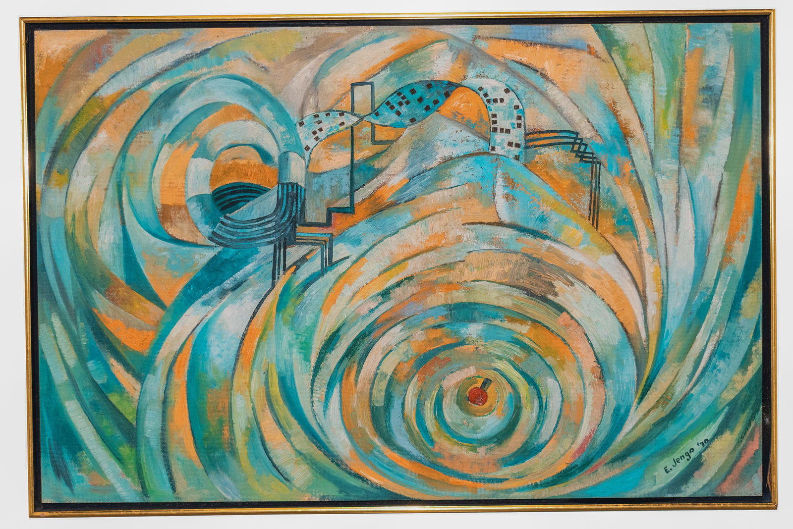 Elias Jengo (Tanzanian, b. 1936): "Commerce and Communications." 1970. Oil on Masonite. 23 x 35 inches. Framed. Provenance: ITT Corporation, East African Art Collection; Private Connecticut collection.
