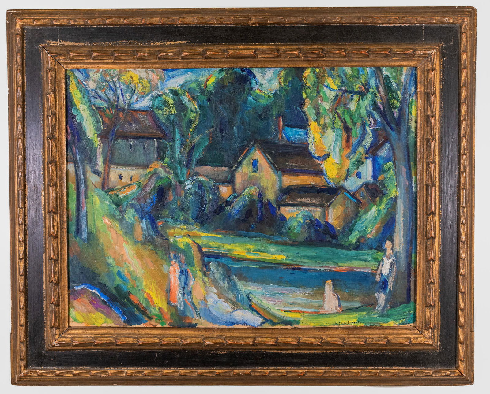 Jean Liberte (Italian/American, 1986 - 1965): Landscape. Circa 1930. Oil on paper laid on board. Signed lower right. 14 1/2 x 19 1/2 inches. Framed.