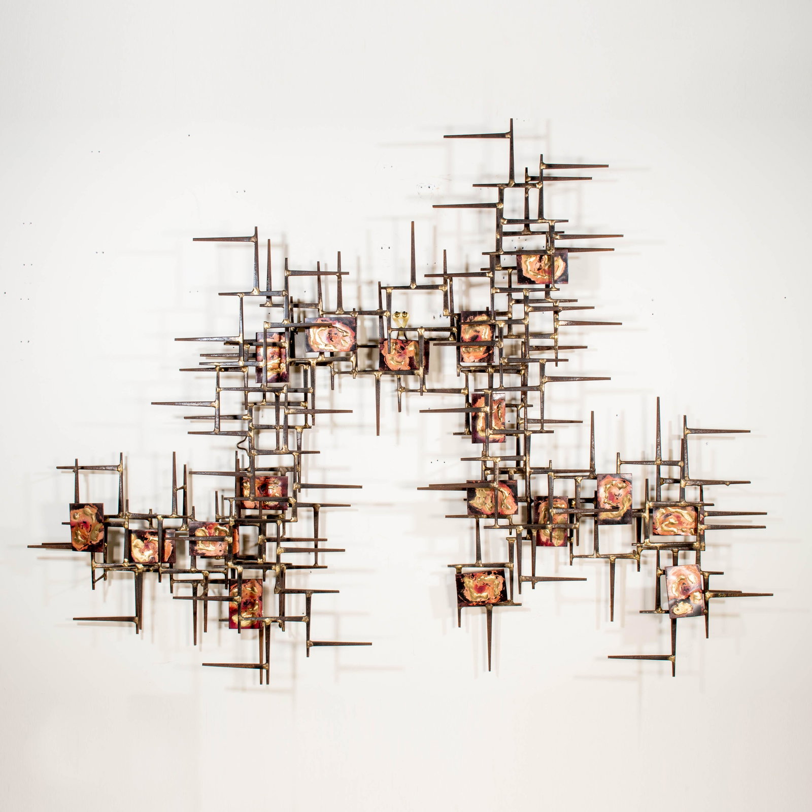 Syd Godfrey (American, 20th Century): Brutalist welded and cooper and steel wall sculpture. 40 x 30 inches. Signed lower right.