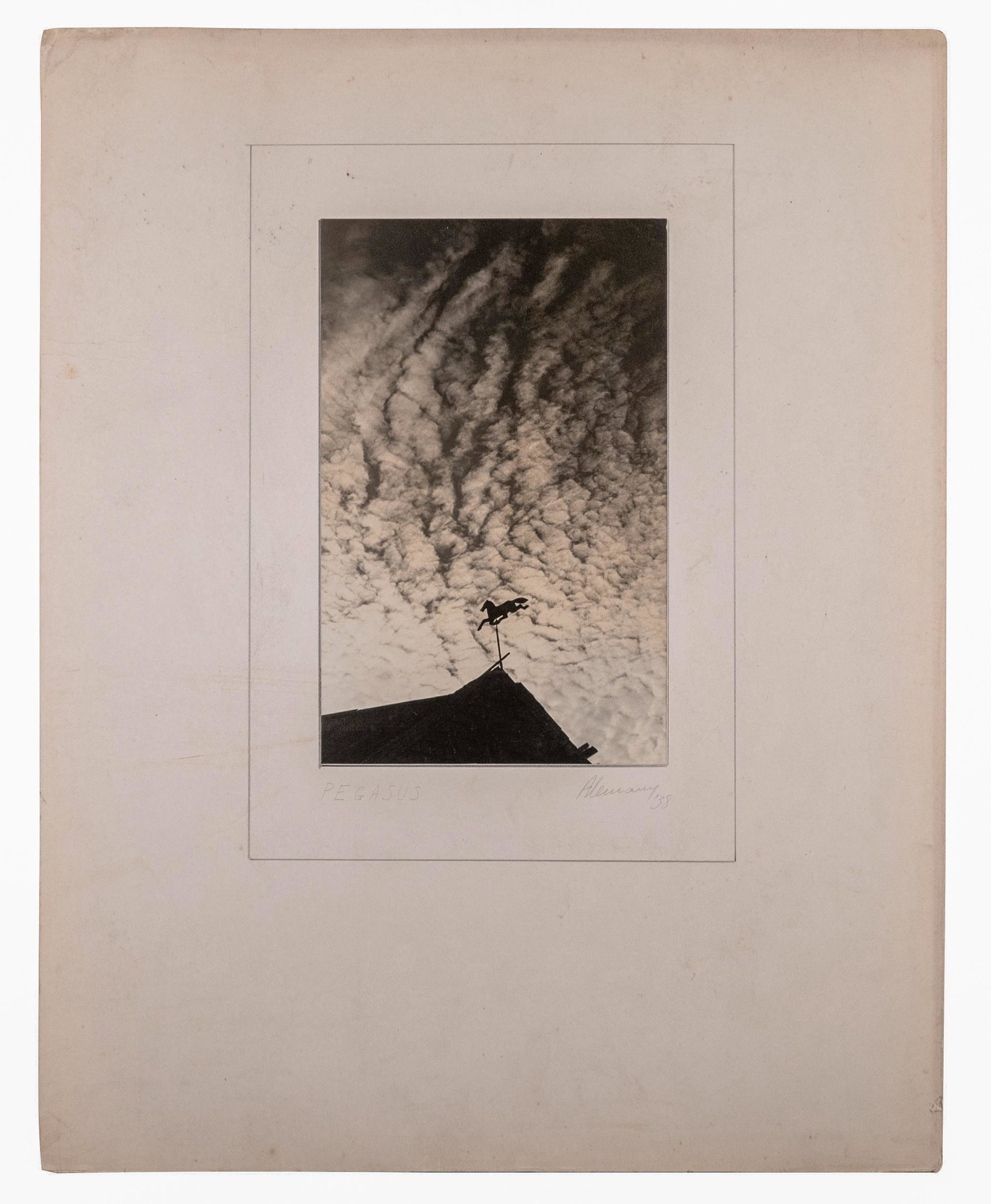 Jose Alemany (Spanish/American, 1895 - 1951): Two (2) Provincetown views. Titled in pencil, Pegasus (weathervane), silver gelatin print, signed and dated (19)38 in pencil on mounting board, 9 1/2 x 6 1/8 inches (print), 20 x 16 inches (overall). 