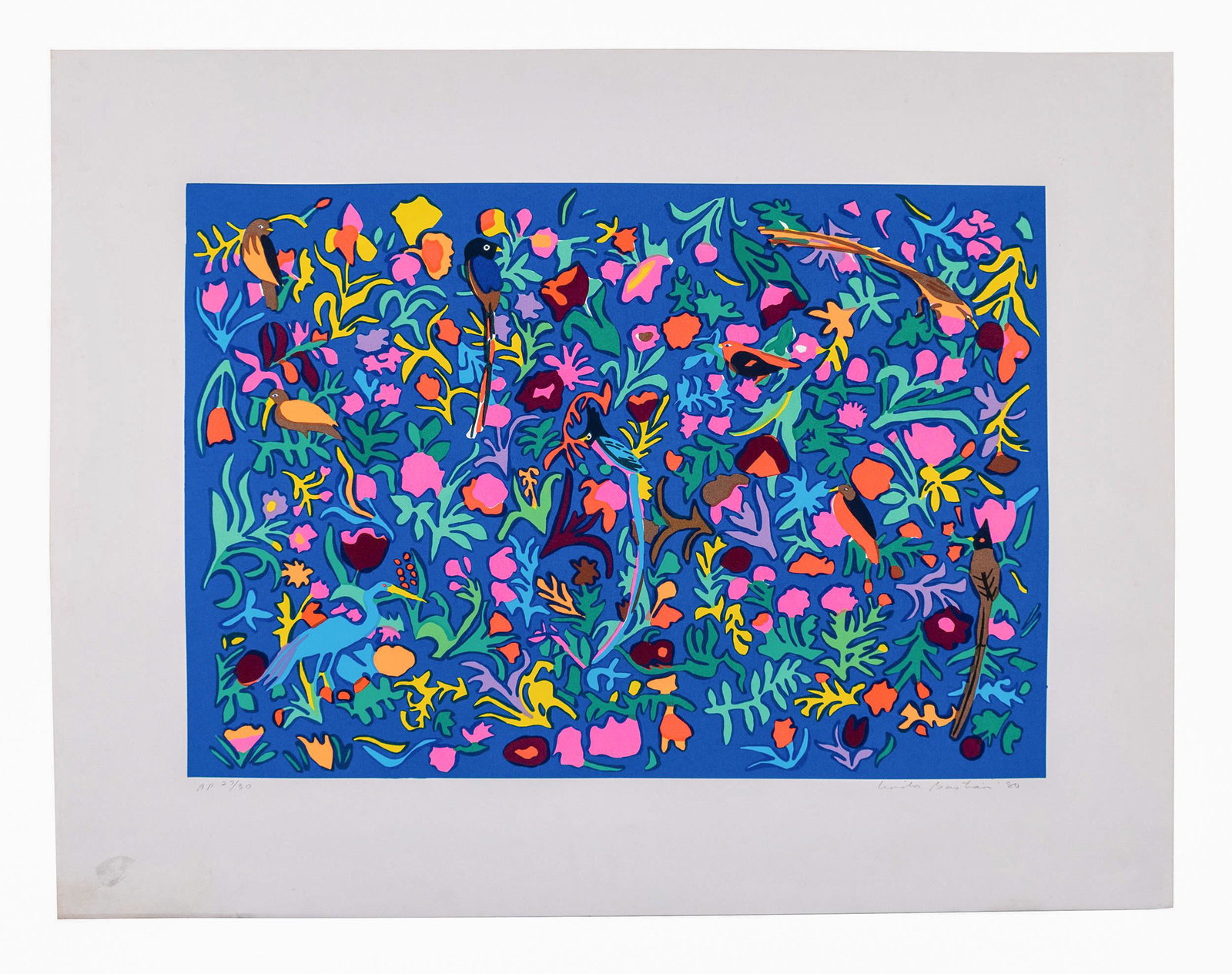 Linda Bastian (American, 20th Century): "Nine Birds." 1980. Lithograph. Signed and numbered in pencil. Artist's Proof. Edition 30. 26 x 34 inches.