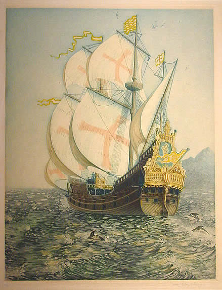 Arms American Lithograph Marine: John Taylor Arms (1887-1953) American. Spanish Galleon; from the painting by Will Simmons, 1922. Color etching & aquatint. Sheet size: 17 3/4 x 14 in. Signed and dated in pencil lower right. Edition l