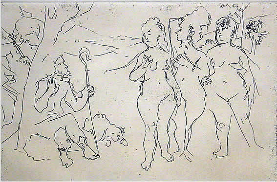 Levine American Etching Mythology: Jack Levine (b. 1915) American; New York City. Judgement of Paris, 1964. Etching. Image: 10 x 10 in. Signed in pencil lower right. Date and edition lower left: 188/250 1964.