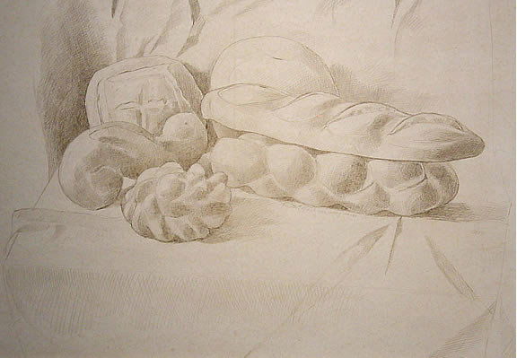 Mosca American Modern Silverpoint: August Mosca (1909-2002) Italian/American; Shelter Island, NY. The Staff of Life Has Many Masks, 1966. Silverpoint drawing. Image: 17 x 23 in. Signed and titled lower center. Provenance: Harry Salpete