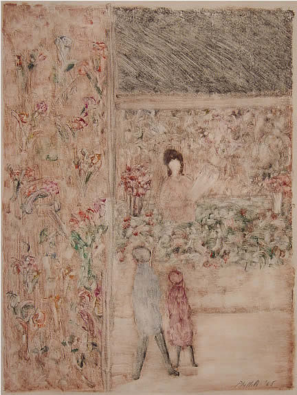 Phillips American Modern Lithograph: Matt Phillips (b.1927) American. Watching the Florist, 1965. Monotype. 12 ½ x 9 ½ in. Signed and dated lower right. Provenance: Peter H. Deitsch, 24 East 81st St. NYC 10021; A private NY collection