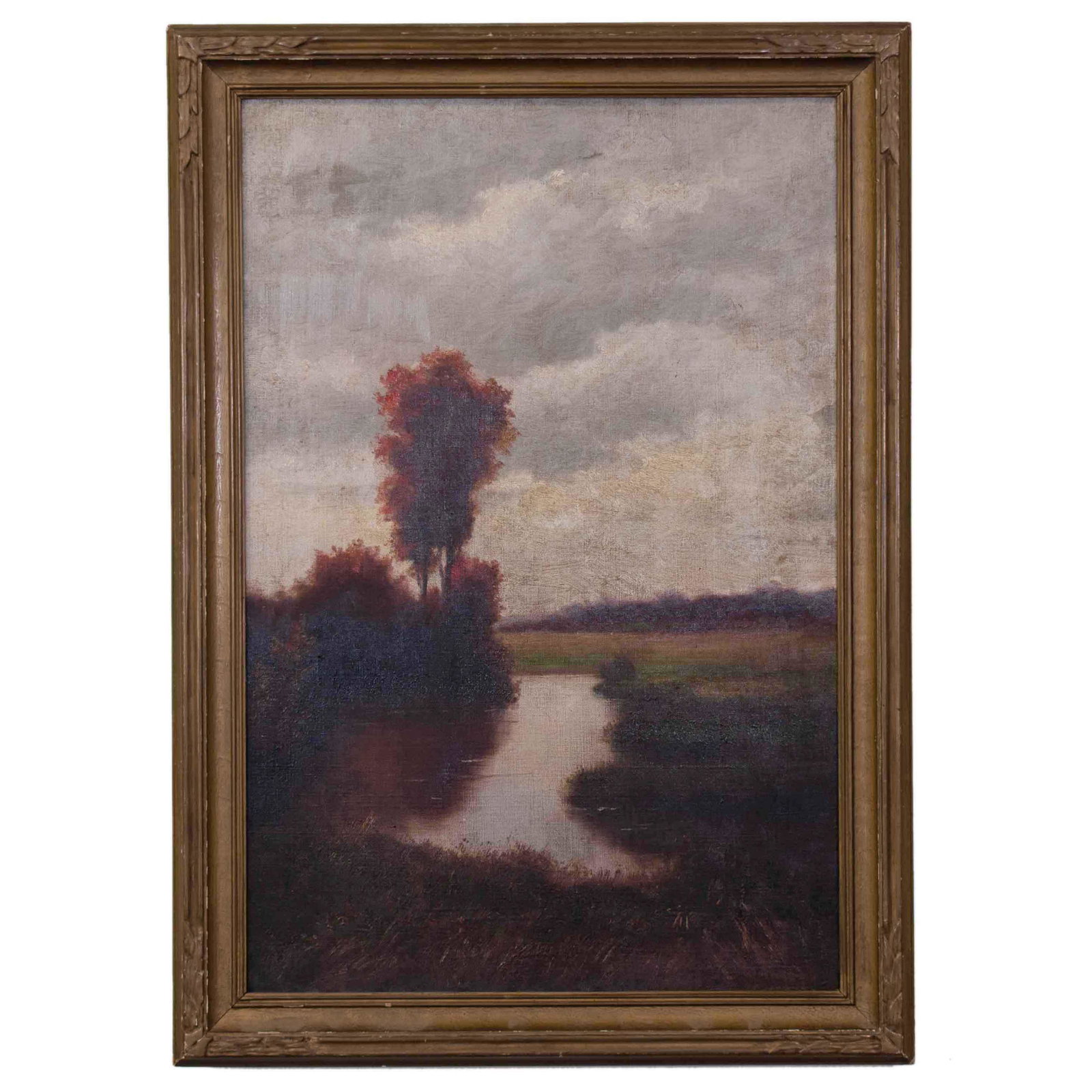 American School Tonalist Landscape: Oil on canvas. Illegible annotation to stretcher. 23 3/4 x 15 3/4 inches; 27 1/2 x 19 1/2 inches (overall).