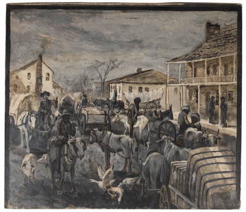 John Austin Sands Monks (American, 1850 - 1917): 'Southern American Street Scene and African American Life.' Oil on artist board. 11 3/4 x 13 5/16 inches. This black and white and sepia toned painting is from Monk's personal portfolio. It was likely