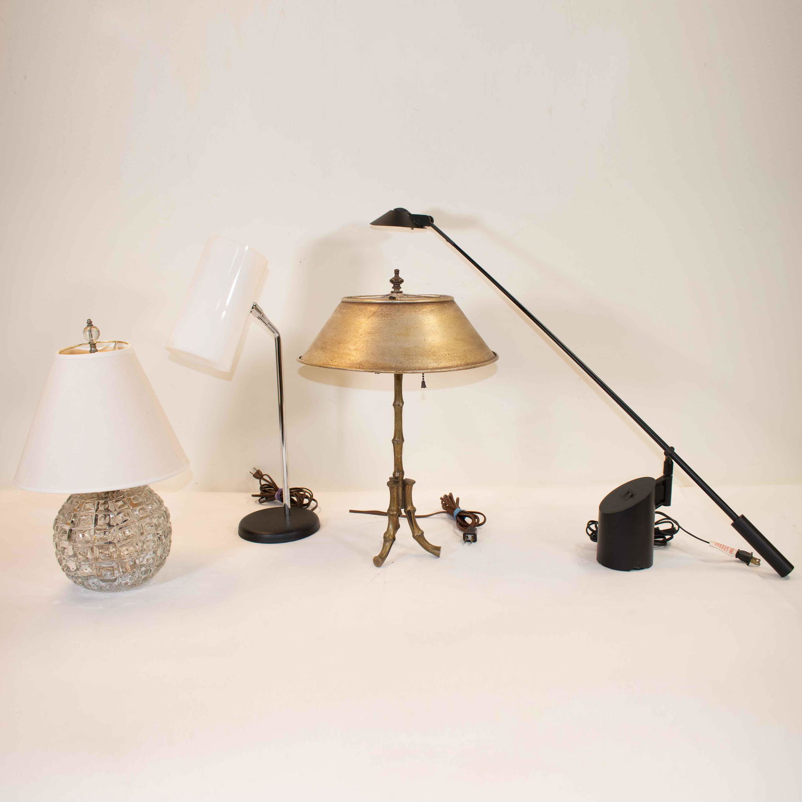 Robert Sonneman (Kovacs), Paul Mayen (Habitat) Lighting: Four (4) vintage table lights. Robert Sonneman for George Kovacs "Feather" Lamp, circa 1980, 24 x 3 1/2 inches (sight), marked on base; together with a Czech Glass (likely, Sklo) lamp conversion; a Pa