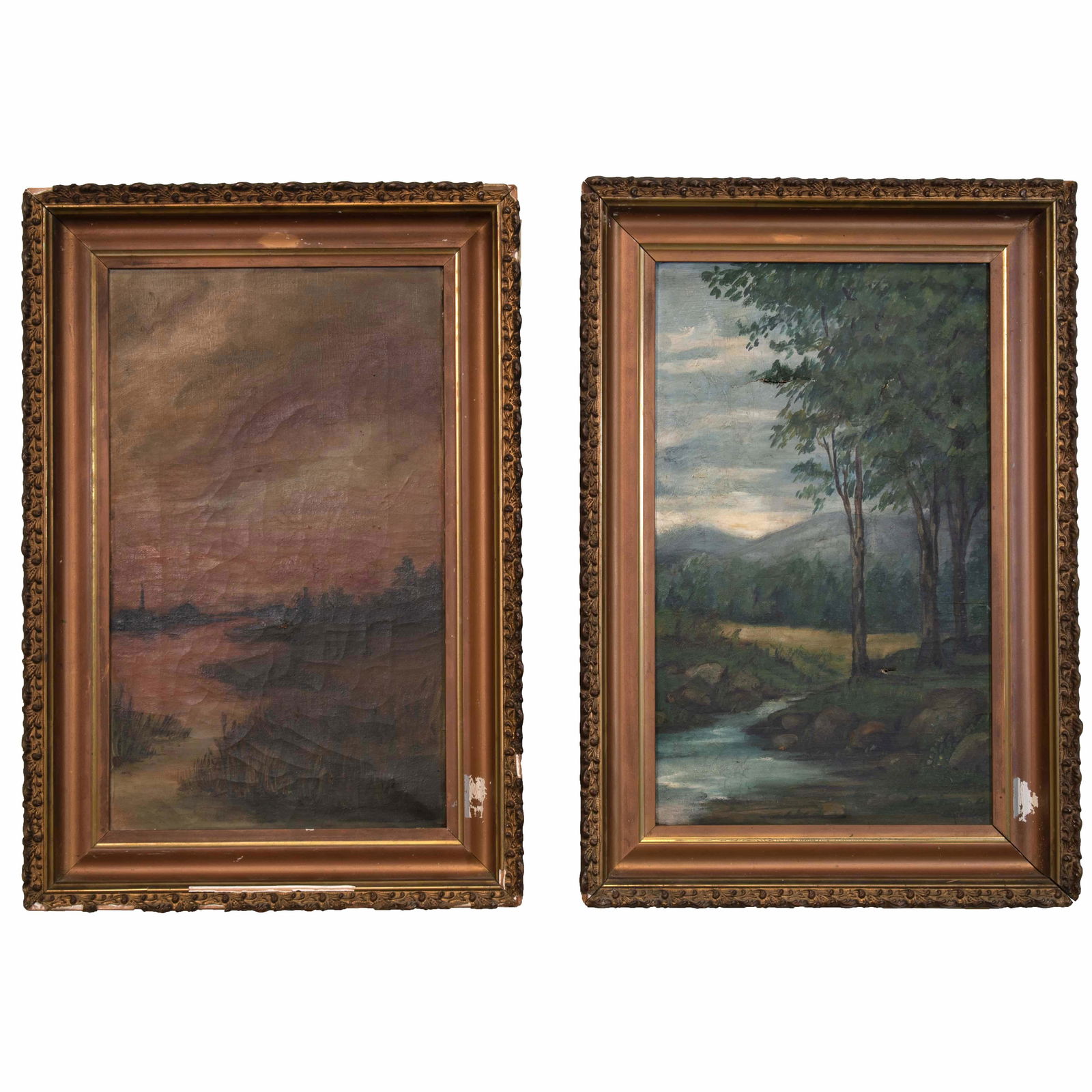 American School (American, Late 19th - Early 20th: 'Tonalist Estuary' and 'Mountain Stream.' Two (2) paintings. Oils on canvas. 17 x 10 1/4 inches. Unsigned. Framed. Frames are identical.