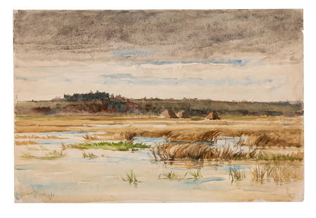 John Austin Sands Monks (American, 1850 - 1917): "Flooded Meadows." Watercolor on paper. 1888. Signed and dated lower left. Titled on verso in pencil and priced. 12 x 18 inches. Provenance: From the personal portfolio of J.A.S. Monks (American