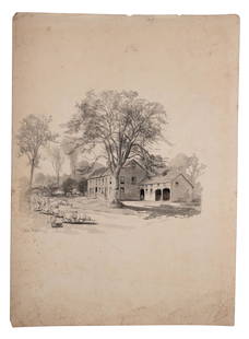 John Austin Sands Monks (American, 1850 - 1917): 'American Homestead Scene.' Ink wash on paper with annotated pencil studies on verso. This was likely intended for reproduction or illustration. The top of the painting is annotated "#9." The verso pe