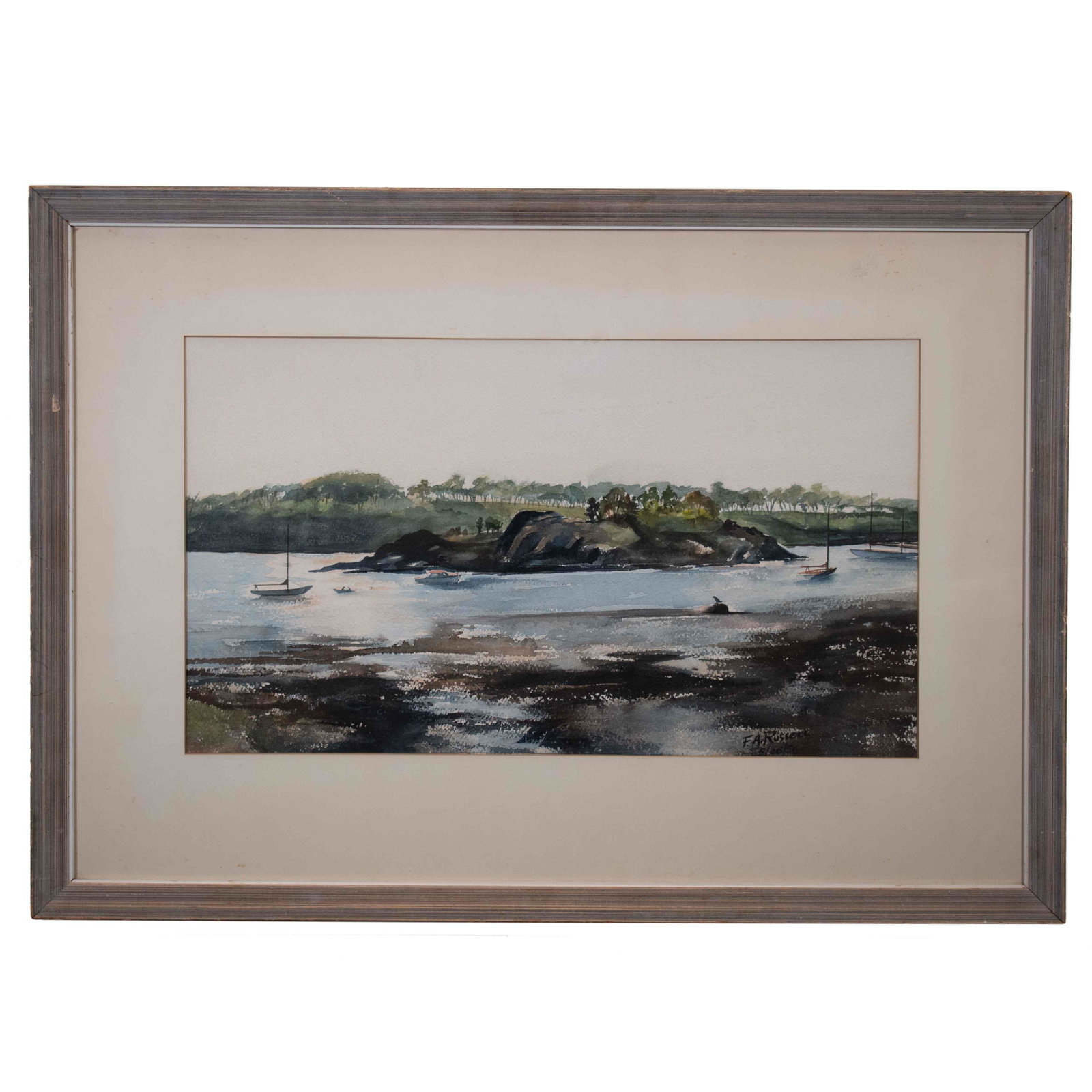 American School (20th Century): Watercolor. Signed "F.A. Russell" artist unknown or unidentified. 17 1/2 x 25 inches (sight); 19 x 27 inches overall. Framed.
