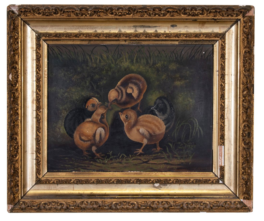 American School (19th Century): "Chicks Playing." Signed and dated 1901 lower right. After, Arthur Fitzwilliam Tait (American, 1819 - 1905). Signature is illegible or the artist is unknown. Oil on artist board. 12 x 9 1/2 inches; 14