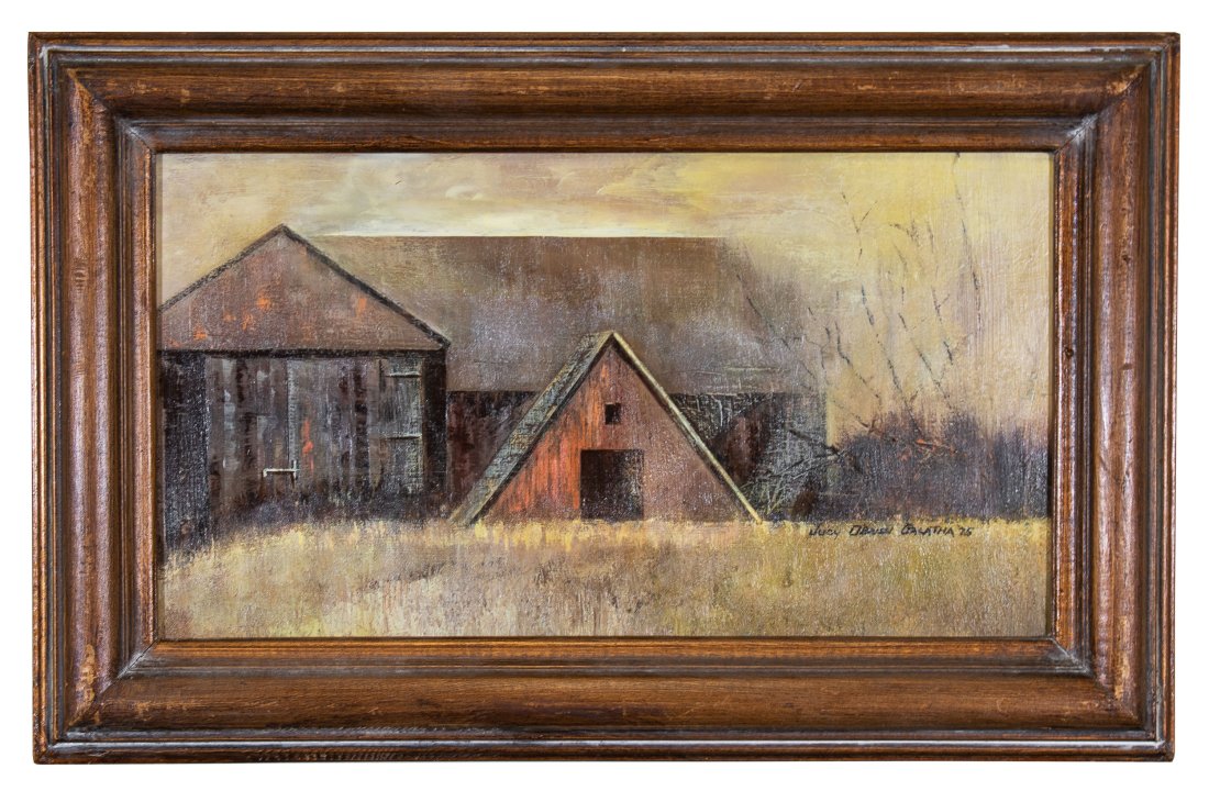Judy O'Brien Galatha (American, 20th Century): Oil on masonite. 1975. Signed and dated lower right and verso. 18 x 10 inches; 14 1/4 x 22 1/4 inches (overall.) Framed.
