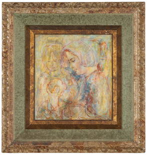 Edna Hibel (American, 1917 - 2014): Oil on board. Framed. Signed lower left. 10 1/2 x 9 1/2 inches; 19 1/2 x 18 inches (overall).