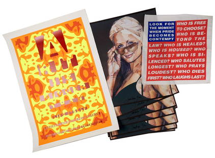 Contemporary Artist Editions: Twelve objects. Includes: Jonathan Yeo photo offset lithographs in colors. "Paris Hilton." 28 x 21 inches. (Ten and some signed and one annotated.); Barabra Kruger, flag for LACMA; and a contemporary