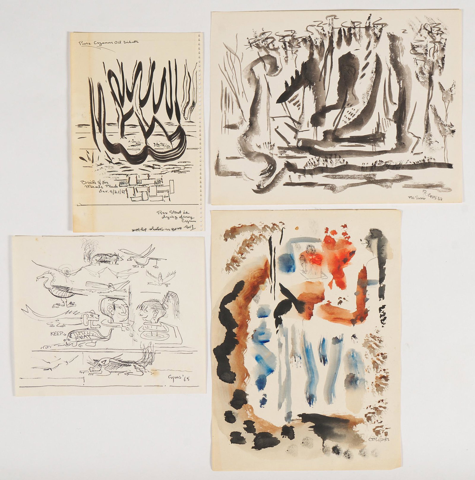 Cyrus Flint Stimson, Jr. (American, 1901 - 1968): Four (4) paintings. Ink on paper. All signed, dated (1962 - 1965) and some annotated. 11 x 9 inches (approximate, largest).