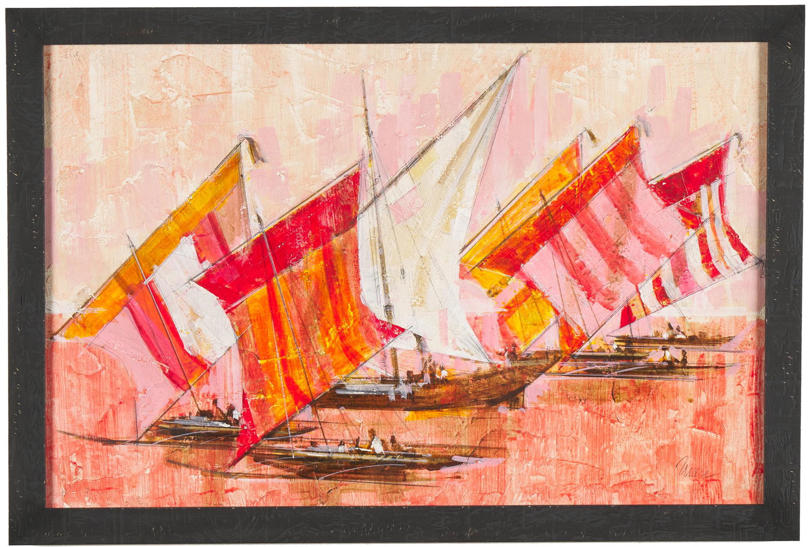 James Meese (American, 1917 - 1971): 'Sail Boat Race.' Mid-century palette knife oil and pencil on board. Signed lower right. 17 3/4 x 25 3/4 inches (overall). Framed.