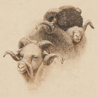 John Austin Sands Monks (American, 1850 - 1917): Ink wash on paper laid down on board. Signed bottom center. Note: Monks did several etchings of Ram's including, "The Old Ram" in the 1880's. This painting is likely from this period and was a prepara