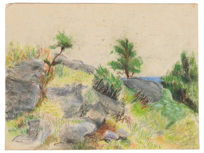 John Austin Sands Monks (American, 1850 - 1917): 'Ocean View.' Pastel. 9 5/8 x 14 inches. Note: Monks had a residence in Jamestown (Conanicut Island) Rhode Island and this is likely a scene from the Southern part of the Island where Monks along with