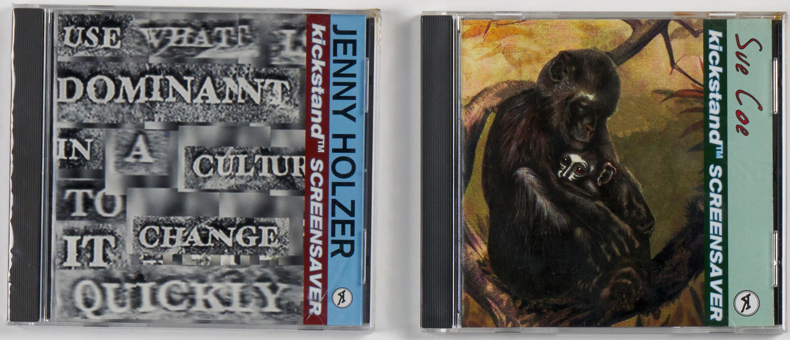 Jenny Holzer (American, 1950 & Sue Coe (UK, 1951): Two CD-ROM screensavers and KickStand an "ambient art installation" developed by Antenna Tool & Die Co. (NYC based, 1990s Digital Art Collective). 1997. Both CD-ROMs come from the Antenna Tool & Die C