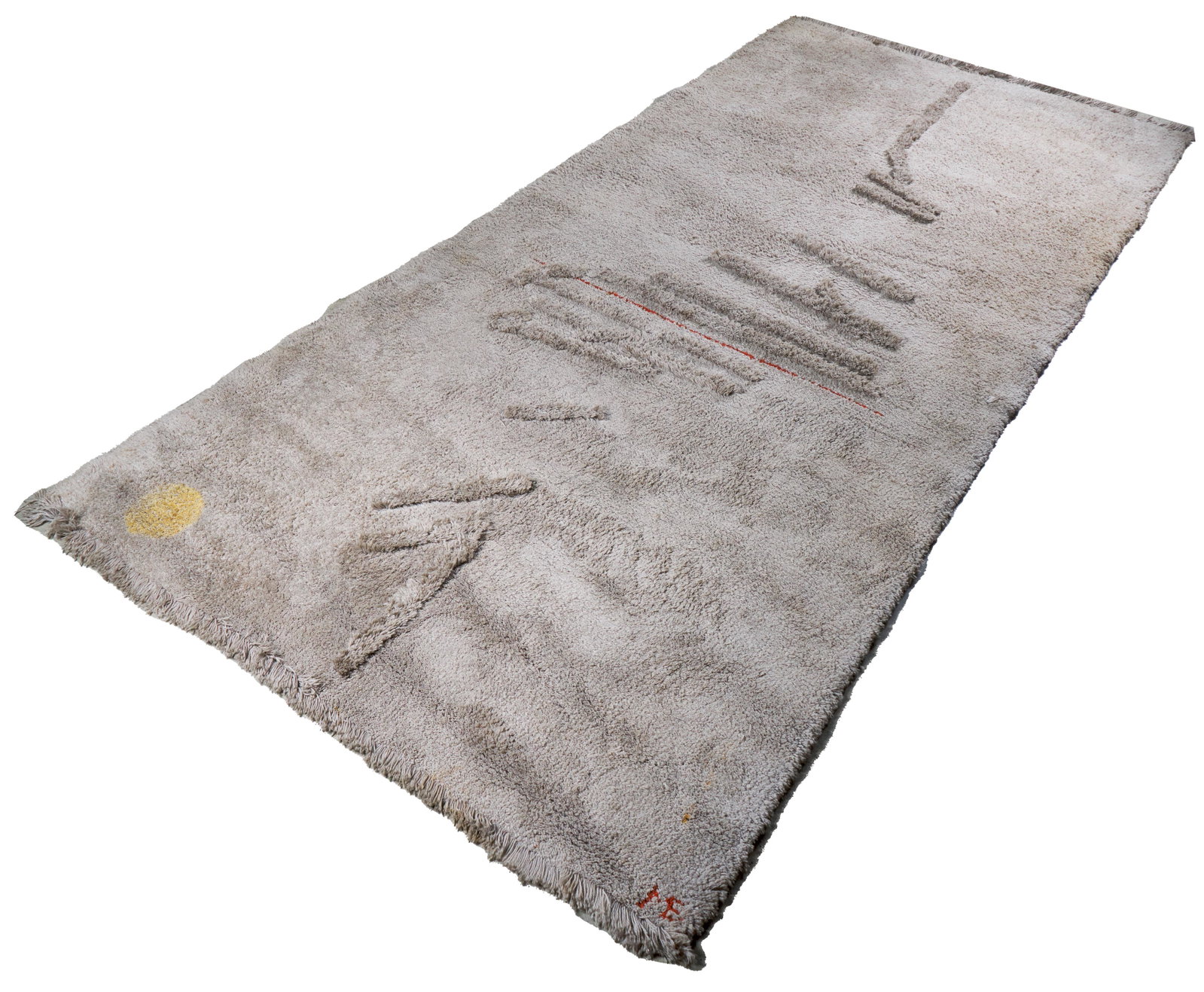 Marietta Berman (Czech-Venezuelan, 1917 - 1990): Wool rug with sculptural relief. Circa 1970s. Handmade. Yellow sun, gray background and reddish brown line. Signed with initials. 155 x 72 inches.