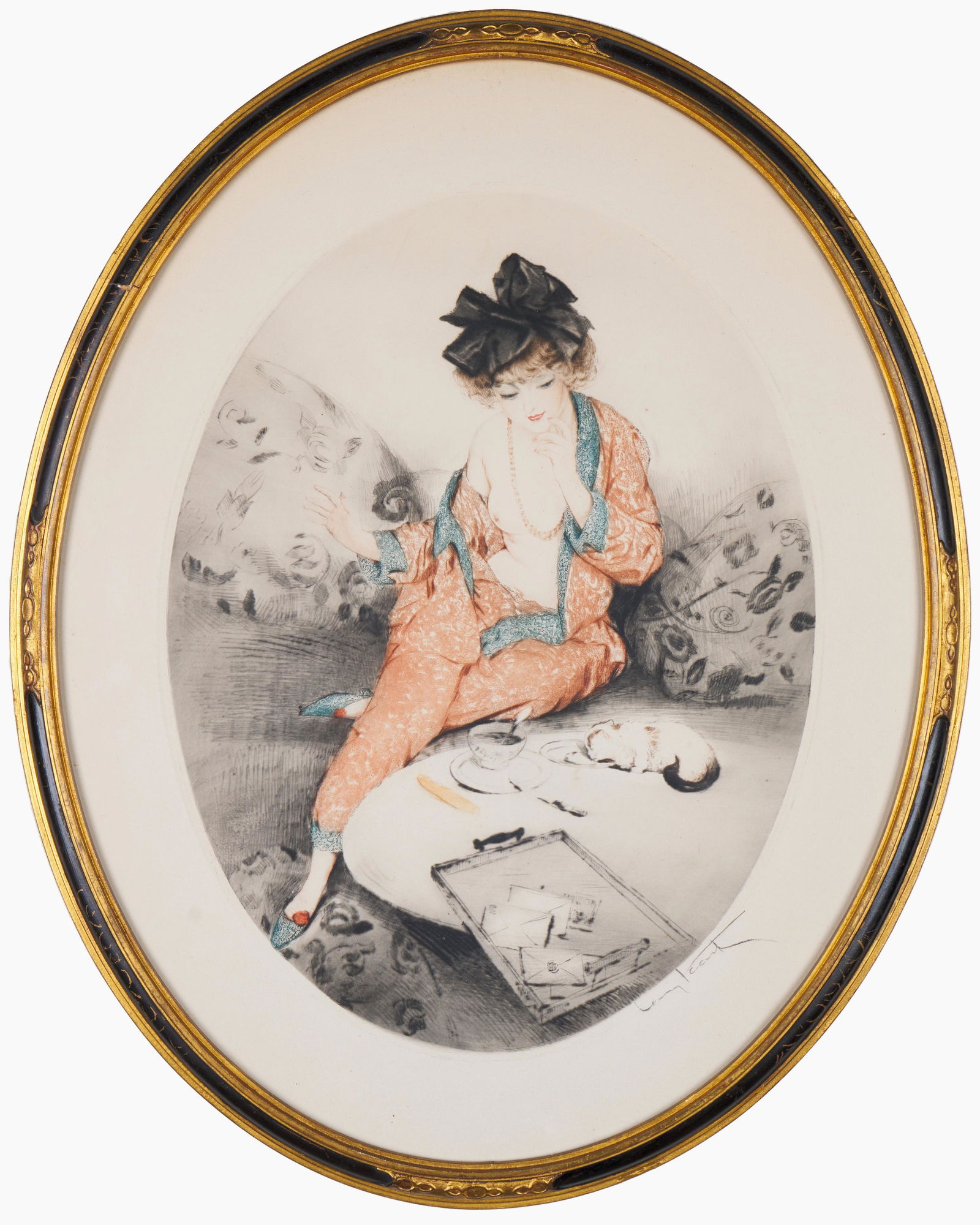 Louis Icart (French, 1888 - 1950): Nude with Cat.' Drypoint etching with hand coloring. Signed in pencil. 21 1/8 x 16 7/8 in. (framed).