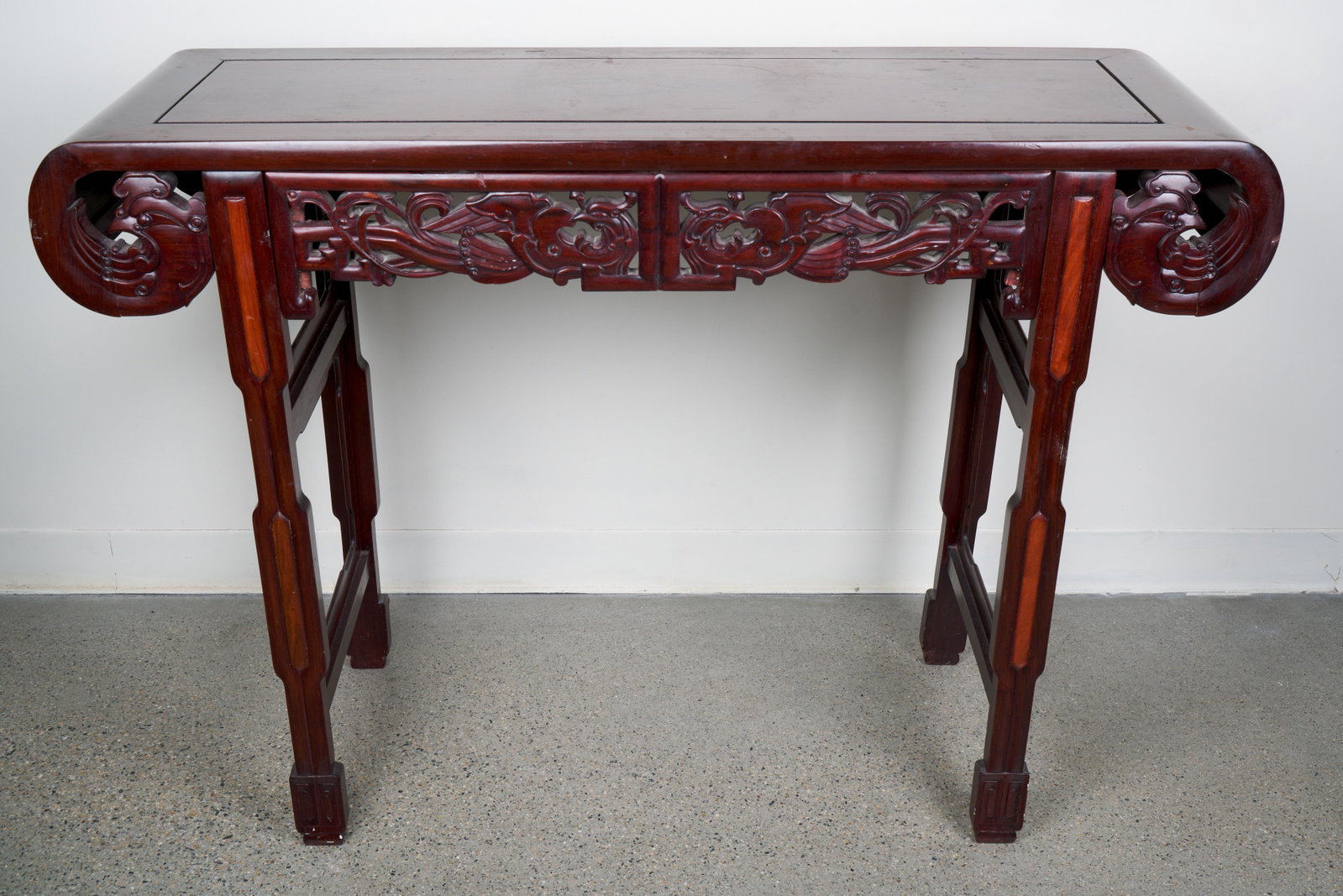 Rosewood Scroll-End Altar Table: 32 3/4 H x 15 1/2 D x 47 L in.