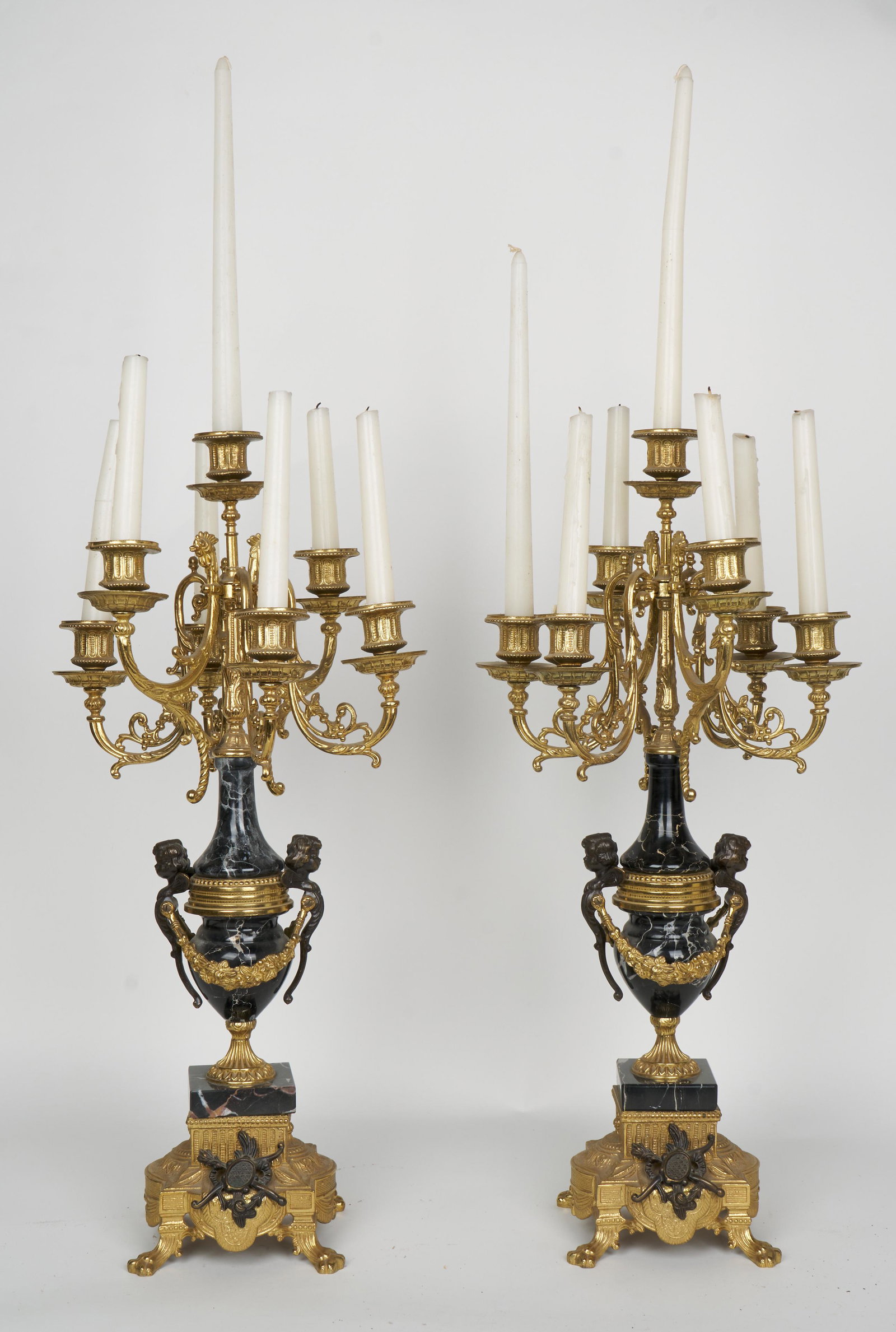 Brevettato Candelabras (Italian, Vintage): Brass, Bronze and marble. 24 H x 12 W in.