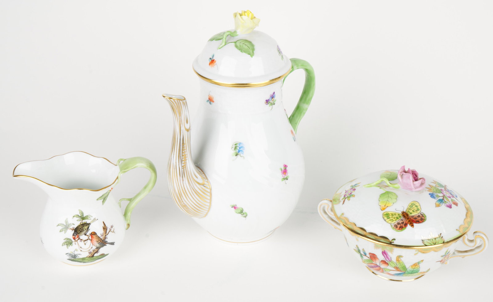 Herend Collection: Teapot, covered sugar and creamer. 8 1/2 H (Teapot). All marked. Three pieces with two lids.