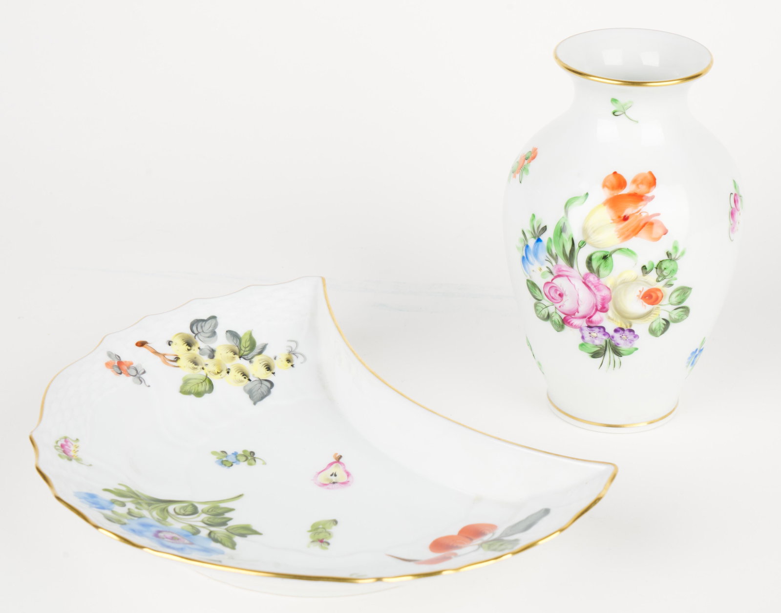 Herend Vase and Dish: Vase and dish. 5 1/2 x 3 1/2 in. (largest). Both marked.