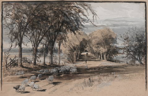 John Austin Sands Monks (American, 1850-1917): 'Conanicut Island.' 1882. Signed and dated bottom right. Gouache and ink wash on artist board. 11 x 11 3/4 in. Note: It is believed that this painting depicts Sheffield Cove Jamestown, Rhode Island.