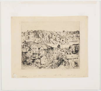 William Meyerowitz (Ukraine-American, 1887 - 1981): "East Gloucester." 1920 (1919). Etching. Signed and dated (twice) in pencil. Signed in plate. Annotated in pencil: "Plate # 7." 10 1/4 x 12 7/8 in. Provenance: Theresa Bernstein (1890 - 20022); Massac