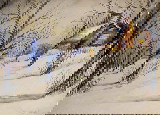 Sample American Modern Painting: Salmagundi Club Artist Member: Paul Starrett Sample (1896-1974) American; New Hampshire. Bringing Home the Christmas Tree. Watercolor on paper. 9 x 12 in. Signed lower right: Paul Sample. Provenance: