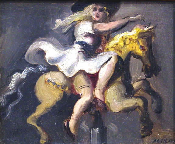 Marsh American Manhattan Social Realism: Reginald Marsh N.A. (1898-1954) American; New York City. Girl on a Carousel, a.k.a. Girl on Merry-Go-Round. Oil on masonite. 7 ¼ x 8 ¾ in. Signed lower right: MARSH. Provenance: Rehn Galleries, 683
