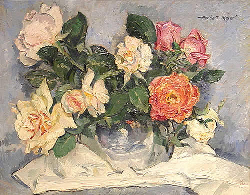Meyer American Painting Roses Salmagundi: Salmagundi Club Artist Member: Herbert Meyer N.A. (1882-1965) American. Roses in a Bowl (1932). Oil on canvas. 11 x 14 in. Signed upper right. Dated on verso: 63A 1932. Label on frame: Louvre Frames,