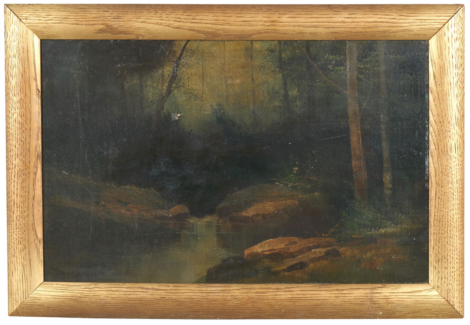 George William Whitaker (American, 1841 - 1916): 'Tonalist Night Scene.' Oil on canvas laid on masonite. Signed lower left. 14 x 22" x 17 1/2 x 25 1/2" (overall).