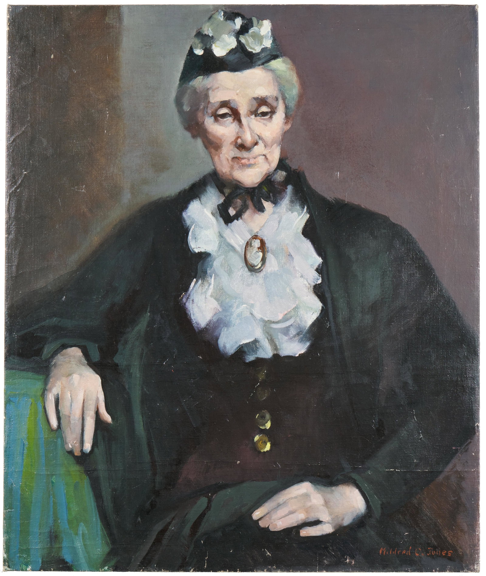 Mildred C. Jones (American, 1899 - 1991): 'Portrait of a Dowager.' Oil on canvas. Signed bottom right. 25 x 30".