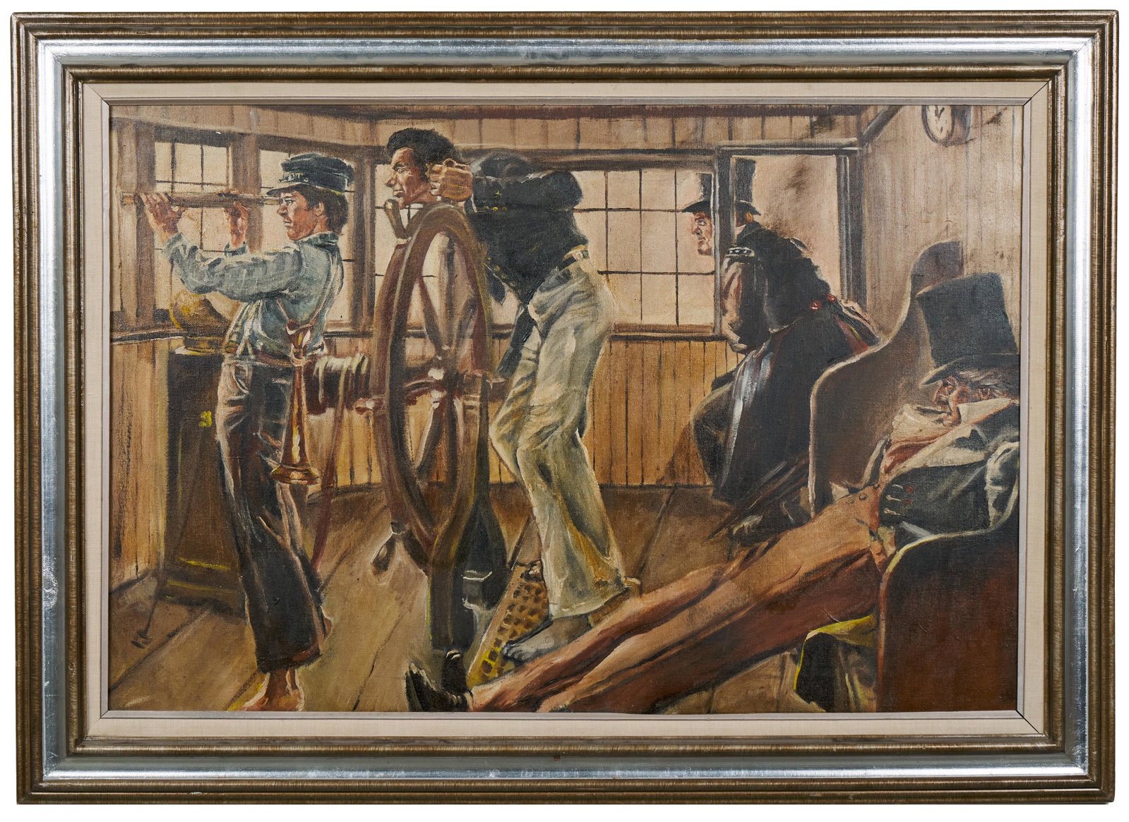 American School (20th Century): "Steam Boat Race." Oil on canvas. Artist unknown. Illegible stretcher bar annotation: "Painted Robert..."Steamboat Race...". Appears to be the work of an American illustrator. 24 x 36"; 30 5/8 x 42 3/