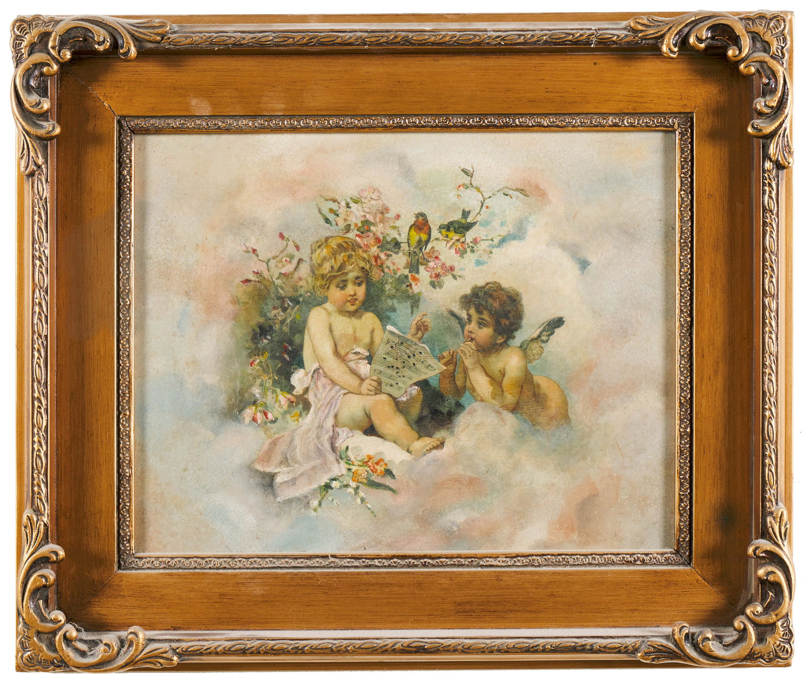 American or British School (19th Century): 'Cherubs Reading Music and Playing Flute.' Oil on board. No signature found. 11 x 14"; 16 1/2 x 19 1/2" (overall).