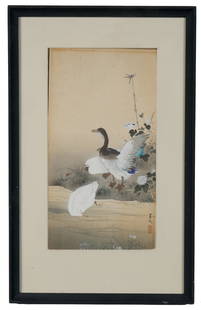 Matsumura Keibun (Japanese, 1779 - 1843): "Three Ducks." Woodblock. Signature and seal. 13 x 7" (sight); 19 x 12" (overall).