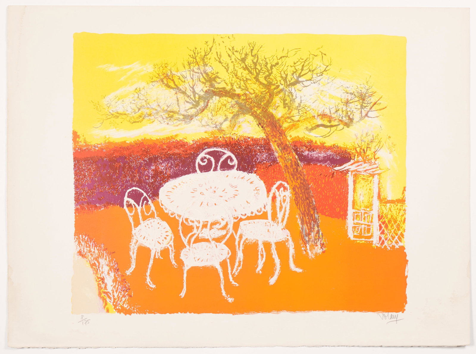 Jean Volang (Vietnamese, 1921 - 2005): 'Patio Chairs and Table with a Tree in Orange, Purple & Yellow.' Signed in pencil. Lithograph. Edition 175. 29 3/4 x 22".