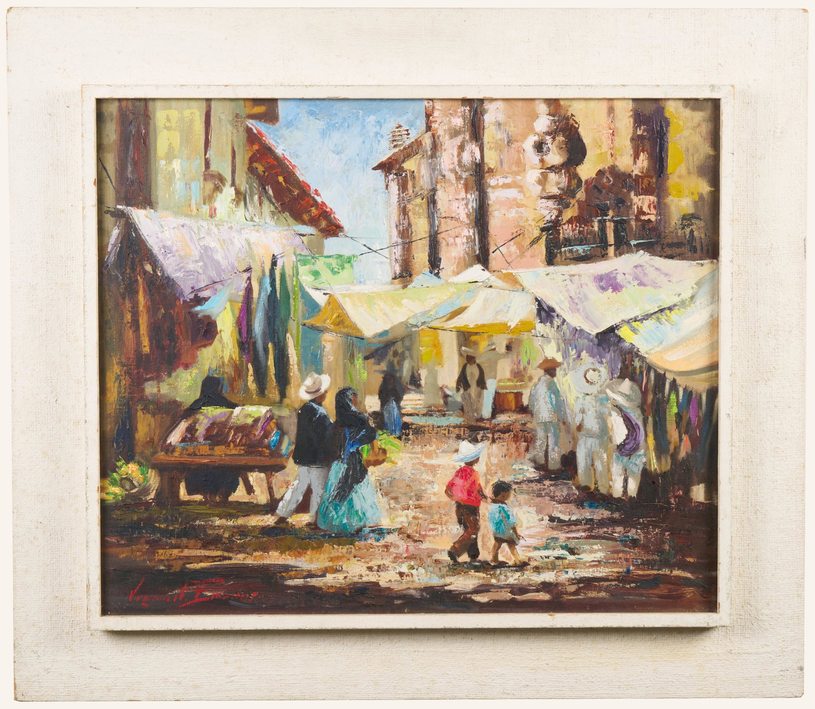 Virginia W. Emmons (American - Massachusetts, 20th Century): 'South American Market Scene.' Oil on canvas. Signed bottom left. 19 1/2 x 23 1/2"; 27 x 30 1/2". Housed in a painted burlap and wood period frame.
