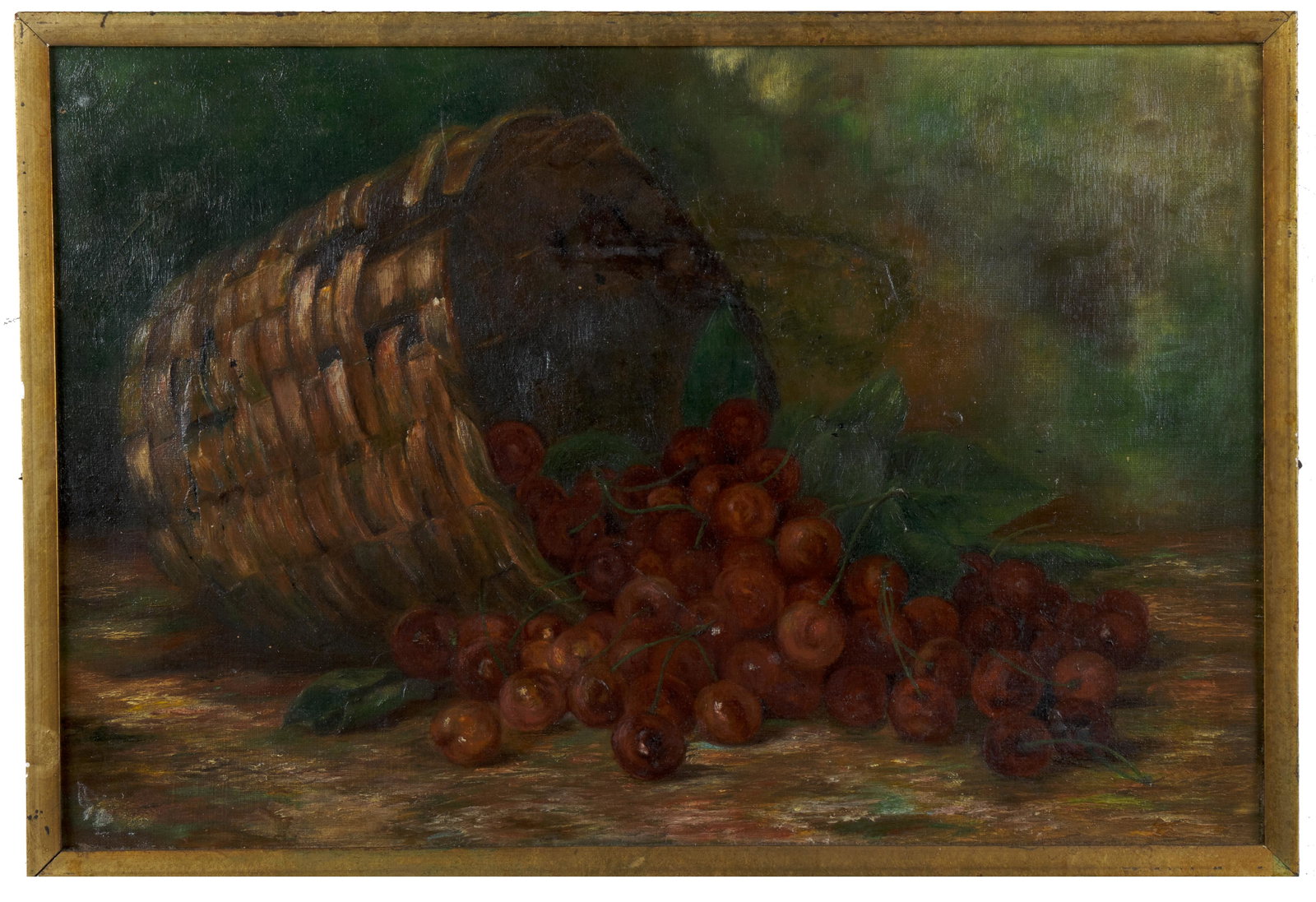American School (American, 19th - 20th Century): 'Cherries Spilling from Basket.' Oil on canvas. 12 x 18"; 12 3/4 x 18 3/4" (overall). No apparent signature.