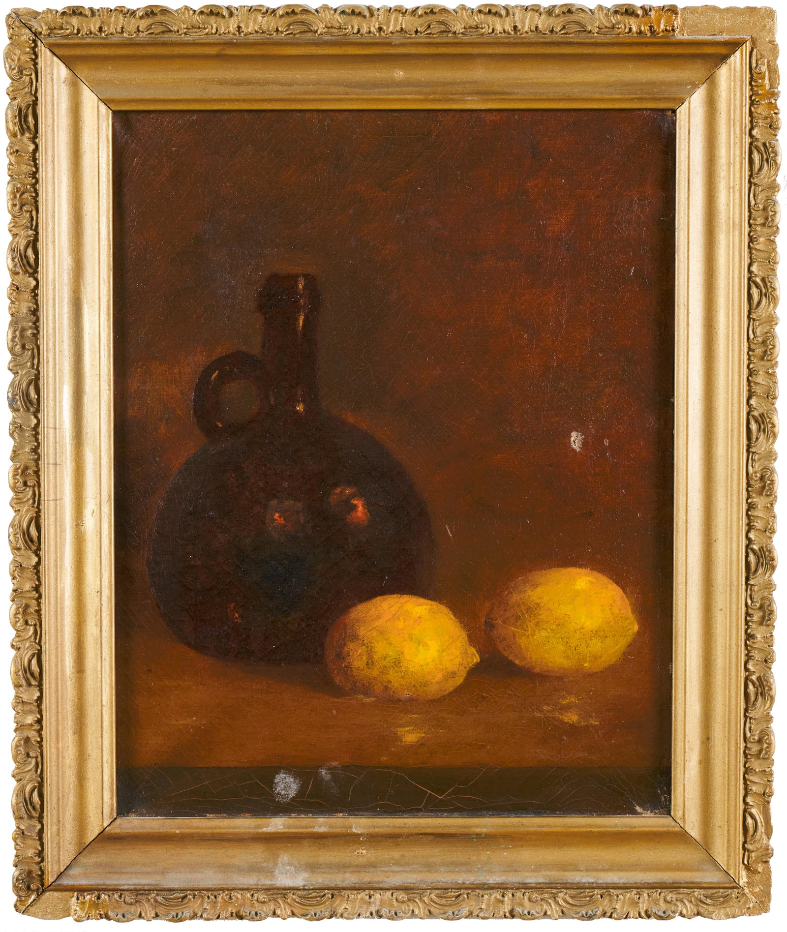 American School (American, 19th - 20th Century): 'Still life with Lemons.' Oil on canvas. No apparent signature. 14 1/4 x 11 1/4"; 18 x 15" (overall).