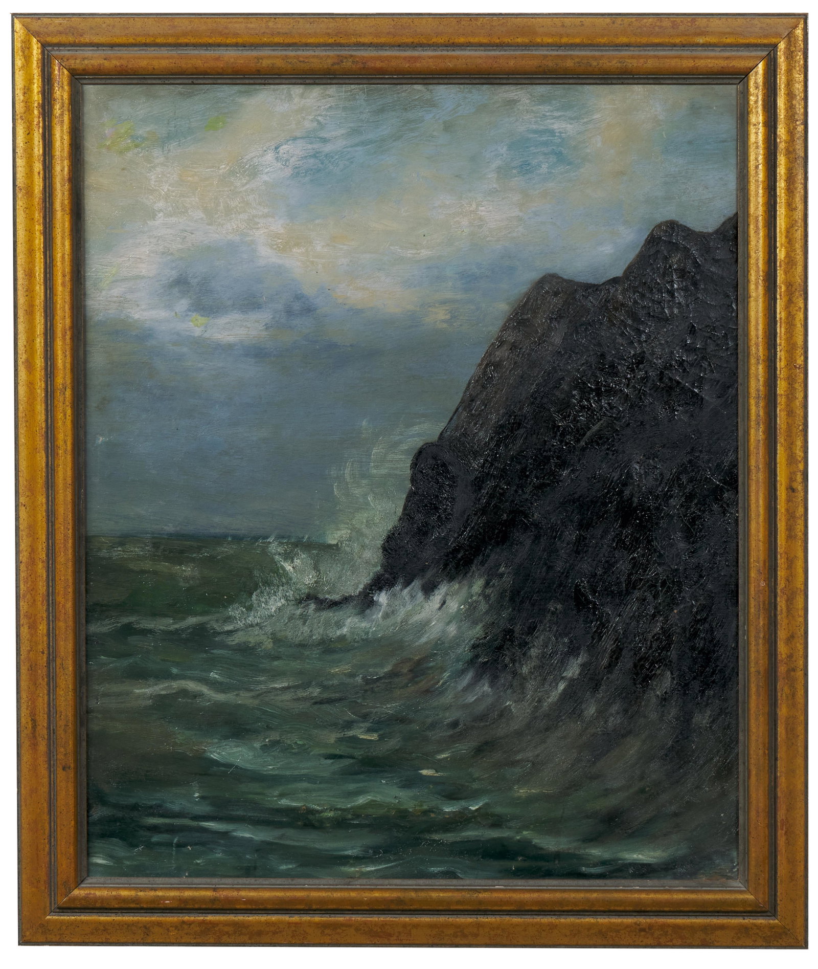 American School (American, 19th - 20th Century): 'Waves Crashing on Cliffs.' Oil on canvas. No apparent signature. 23 3/4 x 19 3/4"; 27 1/2 x 23 1/4" (overall).